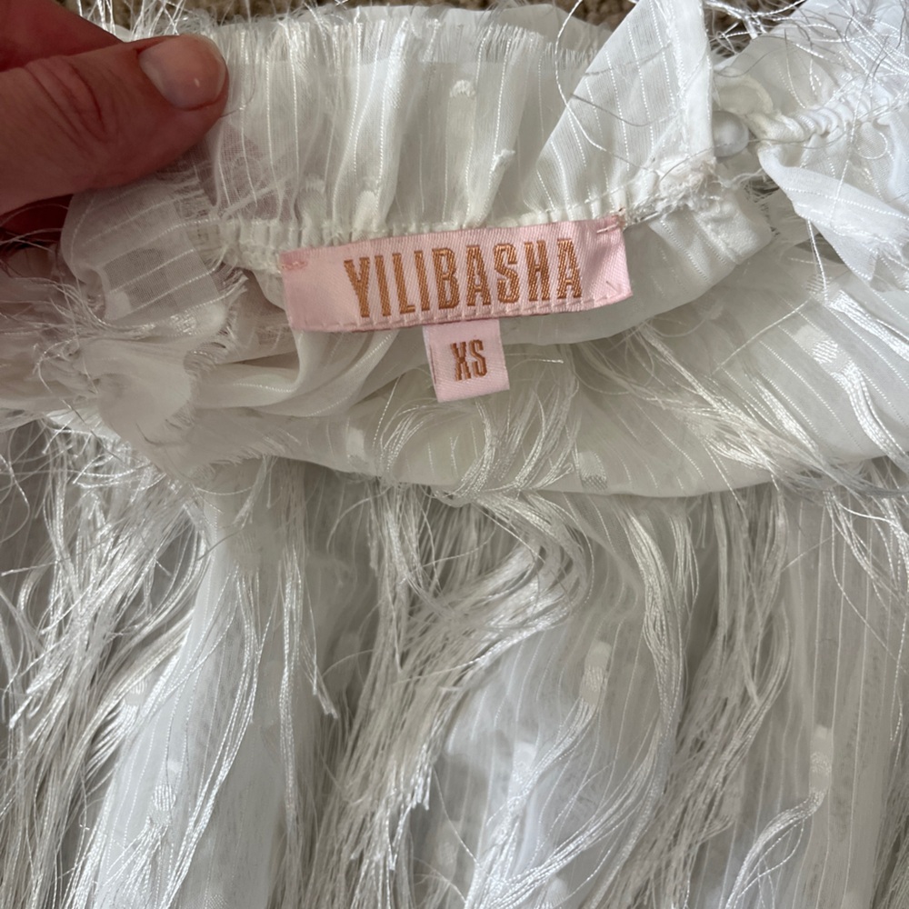 YILIBASHA White Fringe Sheer Blouse XS Fringe Textured Avant Garde Long Sleeve - Picture 7 of 11